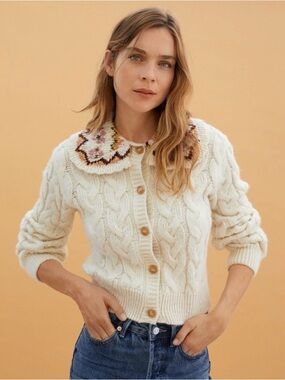 MNG Cable Knit Cream Cardigan with Floral Peter Pan Collar | xsmall